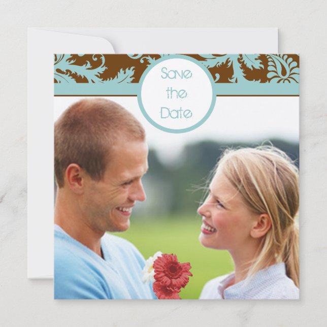 Convite de Casamento em Damask Azul Água sobre Mar (Frente)