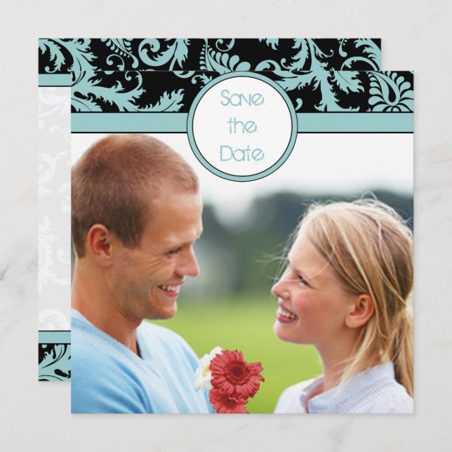 Convite de Casamento em Damask Azul Água sobre Pre (Frente/Verso)