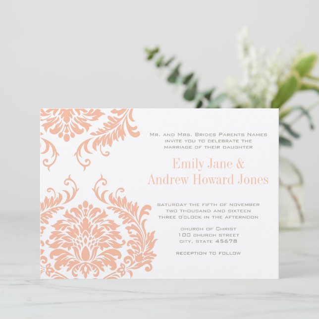 Convite de Casamento em Damask com Coral e Pêssego (Em pé/Frente)