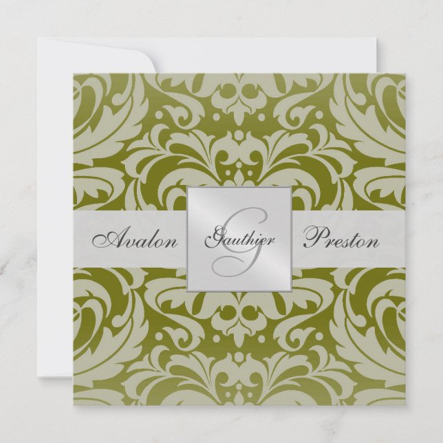 Convite de Casamento em Damask com Monograma Oliva (Frente)