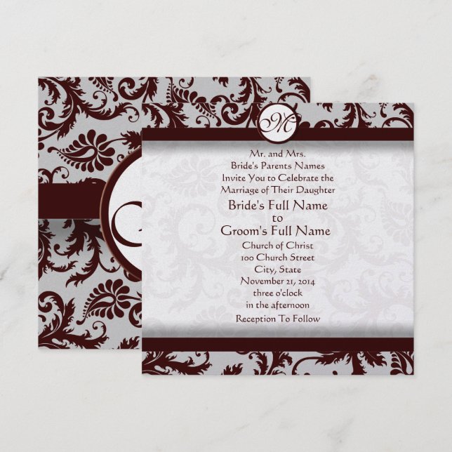 Convite de Casamento em Damask Marrom Chocolate Pr (Frente/Verso)