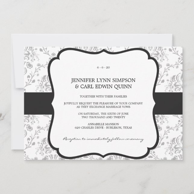 Convite de Casamento em Damask Vitoriano (Preto) (Frente)