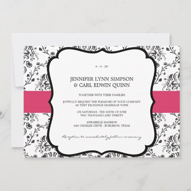 Convite de Casamento em Damask Vitoriano (Preto e  (Frente)