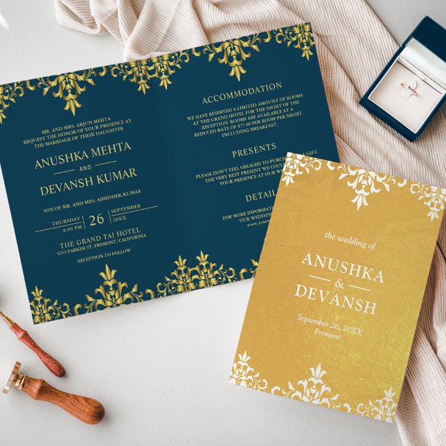 Convite de Casamento em Damasko Azul Dourado Estil (Criador carregado)