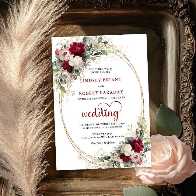 Convite de Casamento em Dourado Boho Chic Borgonha (Burgundy Boho Chic Gold Wedding Invitation)