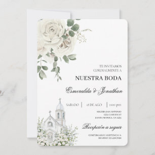 Convite de casamento em espanhol com flores branca