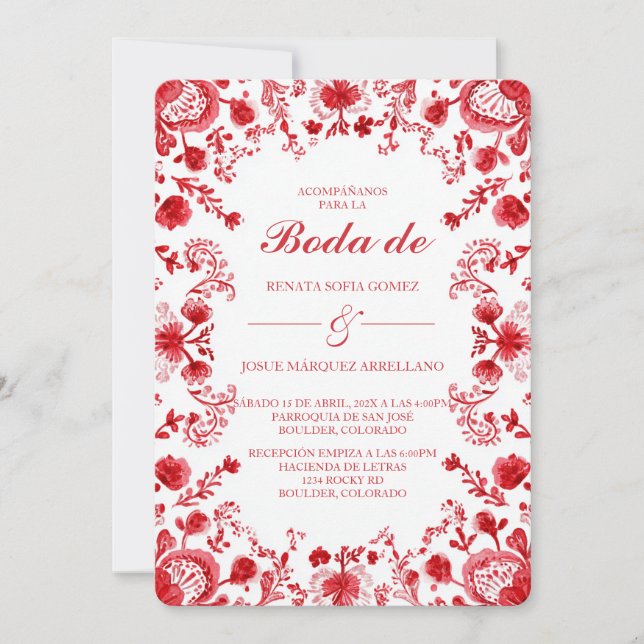 Convite de Casamento em Espanhol Talavera Vermelha (Frente)