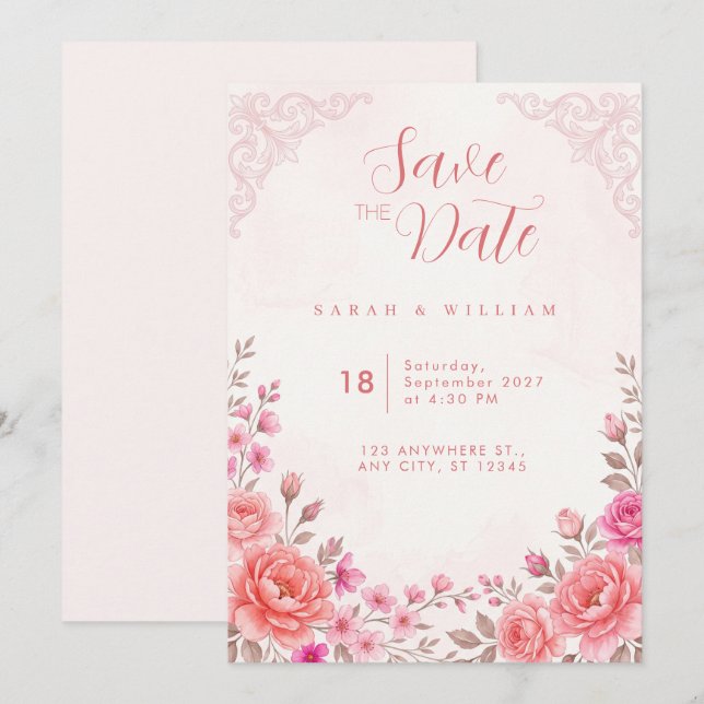 Convite de Casamento em Filigrana com Peônias Rosa (Frente/Verso)