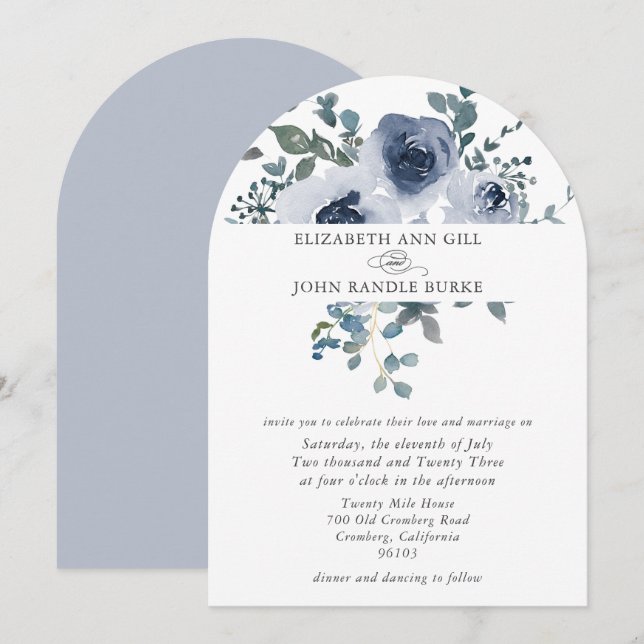 Convite de Casamento em Floral Azul Empoeirado e A (Frente/Verso)