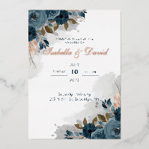 Convite de Casamento em Folha Floral Azul Empoeira
