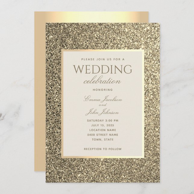 Convite de Casamento em Glitter Dourado e Marfim (Frente/Verso)