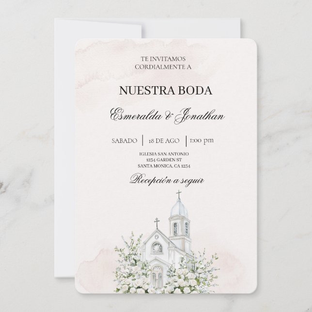 Convite de casamento em igreja espanhola floral be (Frente)
