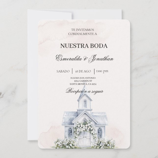 Convite de casamento em igreja espanhola floral be (Frente)