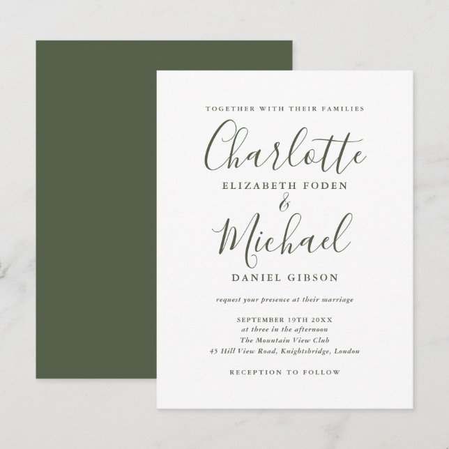 Convite de Casamento em Letra Oliva Minimalista (Frente/Verso)