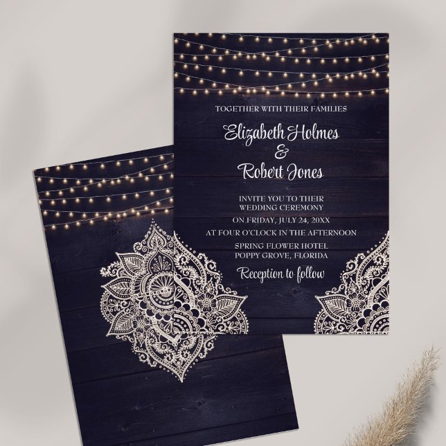 Convite de Casamento em Madeira Rústica Azul Meia- (Midnight Blue Rustic Wooden Wedding Invitation on white table.)