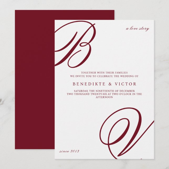Convite de Casamento em Marfim e Borgonha com Mono (Frente/Verso)