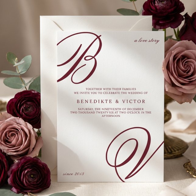 Convite de Casamento em Marfim e Borgonha com Mono (Criador carregado)