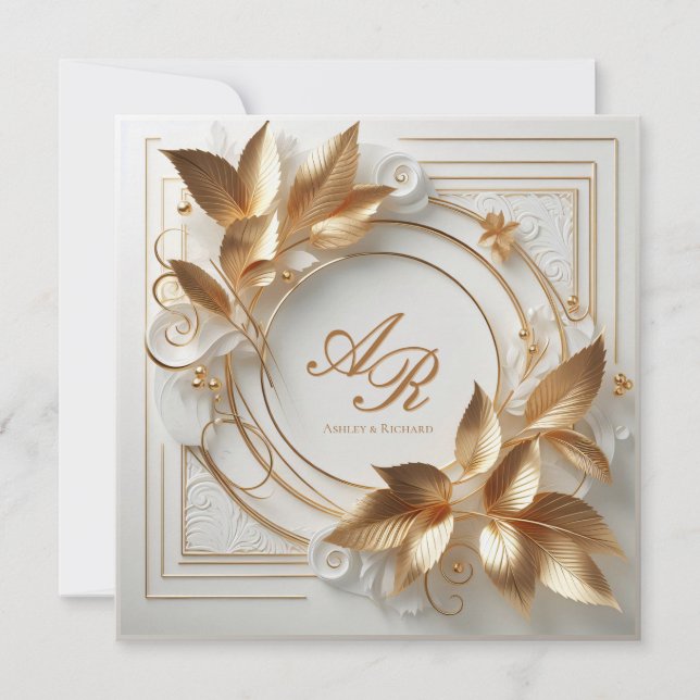 Convite de Casamento em Marfim e Dourado Elegante (Frente)