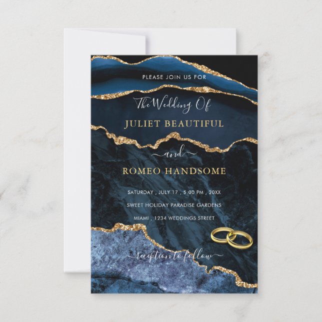 Convite de Casamento em Mármore Azul Naval com Bri (Frente)