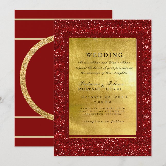 Convite de Casamento em Metal Vermelho e Dourado E (Frente/Verso)