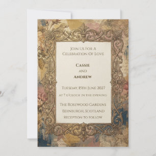 Convite de Casamento em Moldura Barroca Azul Rosa 