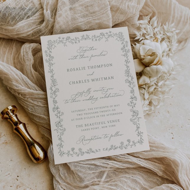 Convite de Casamento em Moldura de Rosas Sage Vint (Criador carregado)