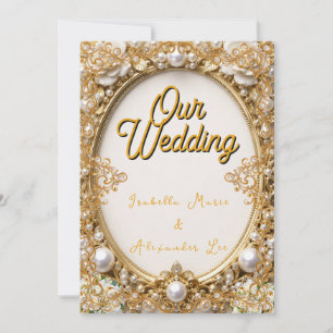 Convite de Casamento em Moldura Oval Pérola Dourad