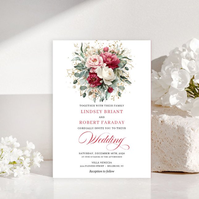 Convite de Casamento em Ouro Branco Vermelho Rubi  (Luxury Bohemian Ruby Red White Gold Wedding Invite)