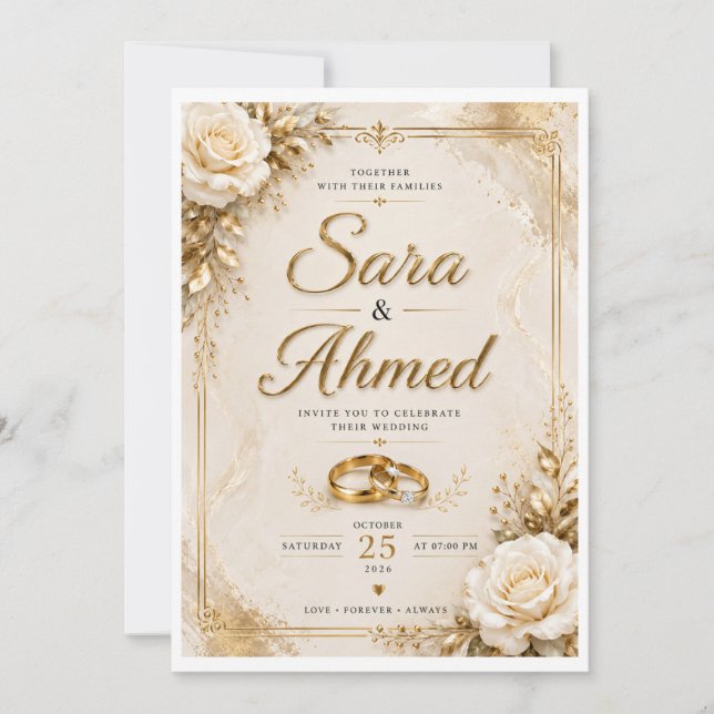 Convite de Casamento em Ouro Elegante | Floral Clá (Frente)