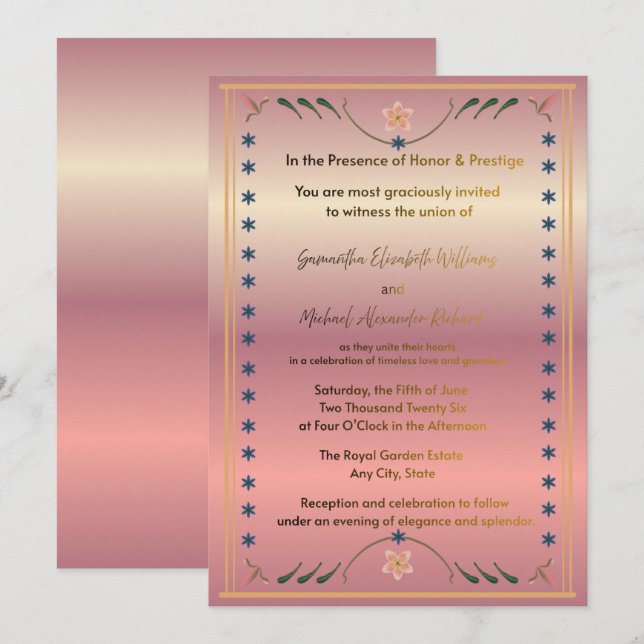 Convite de Casamento em Ouro Rosa de Luxo – Flor E (Frente/Verso)