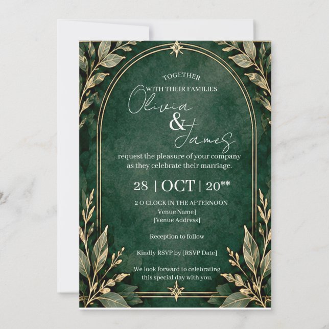Convite de casamento em ouro verde esmeralda (Frente)