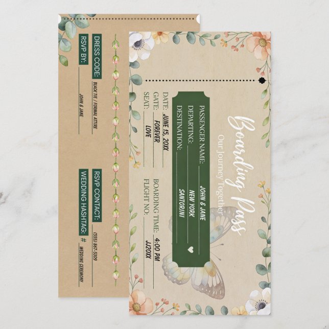Convite de Casamento em Passagem de Embarque Flora (Frente/Verso)