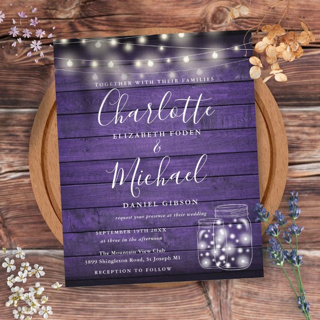 Convite de Casamento em Potes de Pedra de Madeira  (Budget Purple Wood Mason Jars Wedding Invitation)