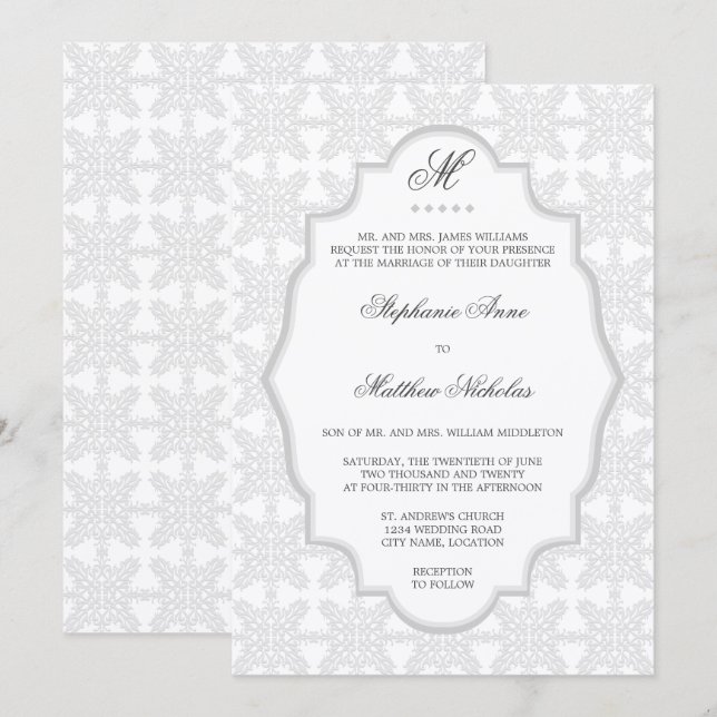 Convite de Casamento em Prata Cinza com Monograma  (Frente/Verso)