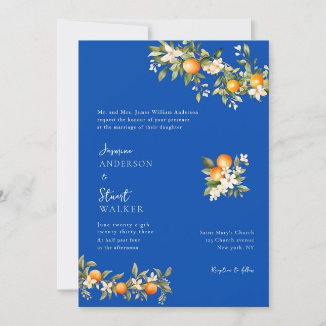Convite de casamento em QR Code com citros e azul (Frente)