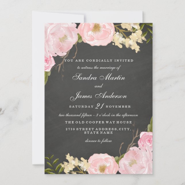Convite de Casamento em Quadro Negro Floral Elegan (Frente)