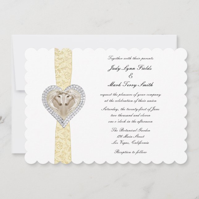 Convite de Casamento em Renda Amarela de Unicórnio (Frente)