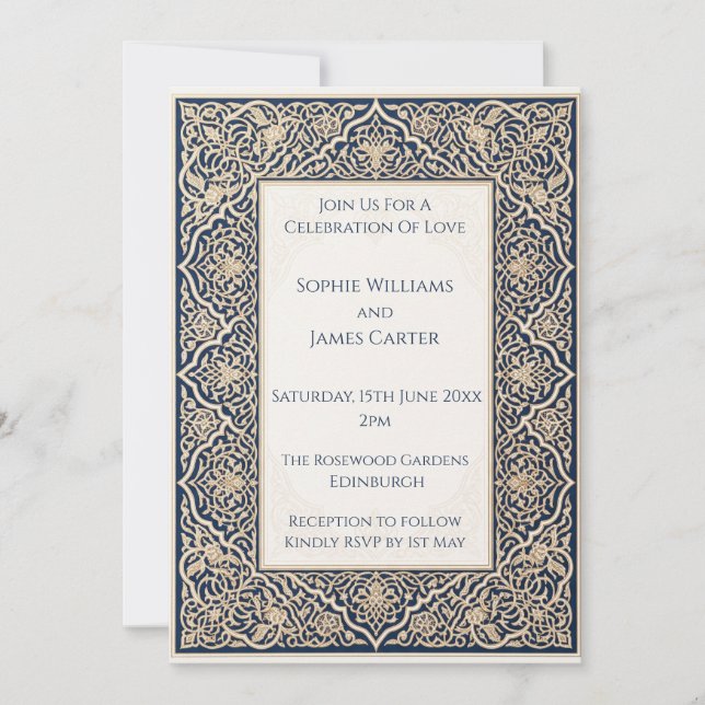 Convite de Casamento em Renda Árabe Dourada Azul N (Frente)