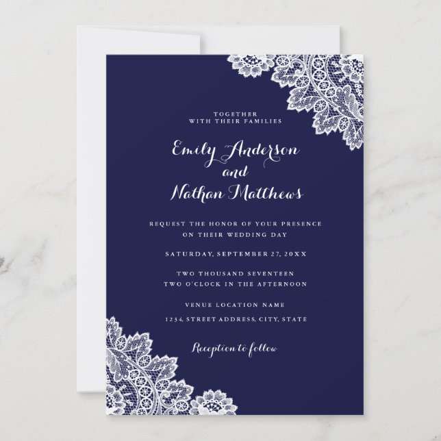 Convite de Casamento em Renda Azul Navy Elegante (Frente)