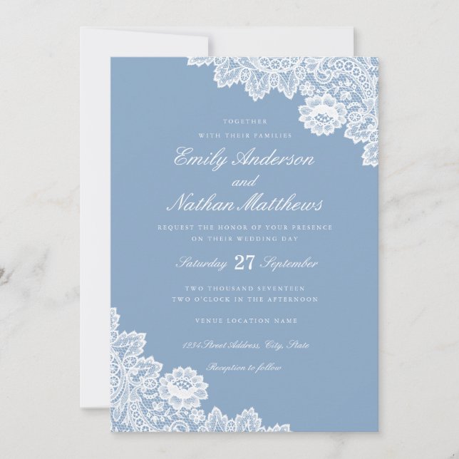 Convite de Casamento em Renda Azul Poeirento Elega (Frente)
