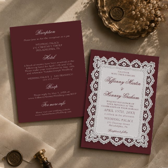 Convite de Casamento em Renda Borgonha Old Money (Criador carregado)