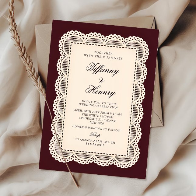 Convite de Casamento em Renda Borgonha Vintage (Criador carregado)