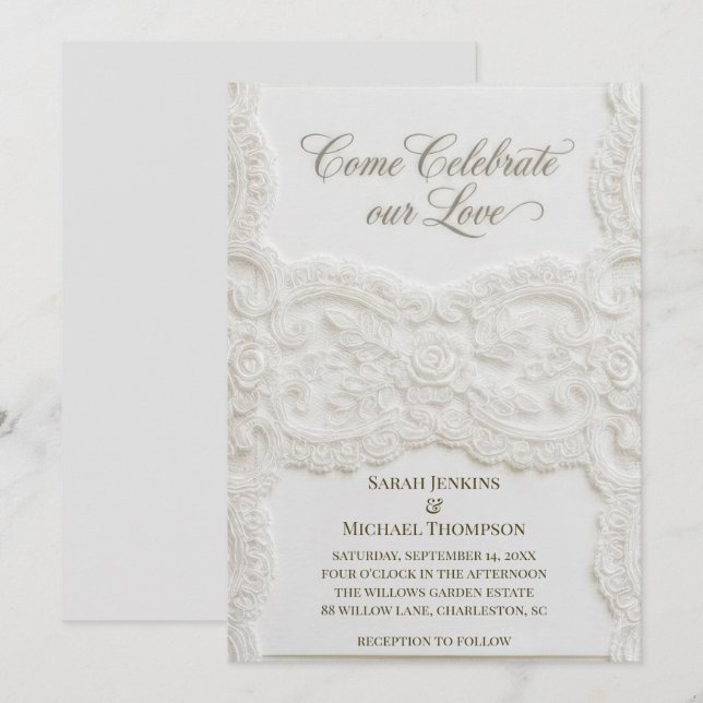 Convite de Casamento em Renda Branca Elegante (Frente/Verso)