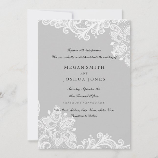 Convite de Casamento em Renda Branco Cinza Elegant (Frente)