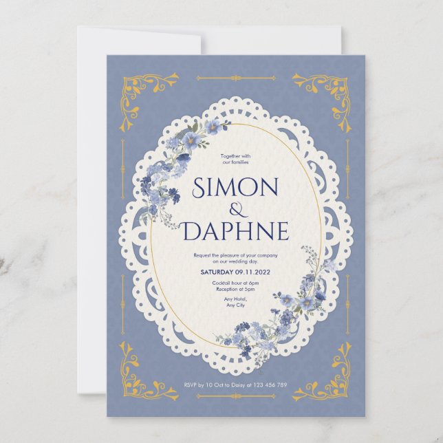 Convite de Casamento em Renda Floral Azul Elegante (Frente)
