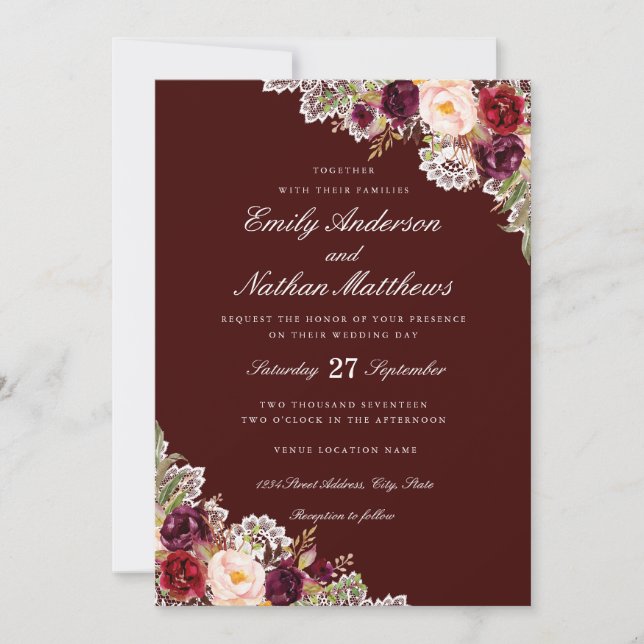Convite de Casamento em Renda Floral Burgundy Eleg (Frente)