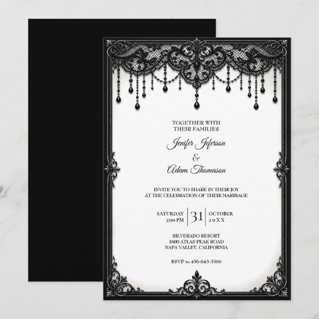 Convite de Casamento em Renda Preta (Frente/Verso)