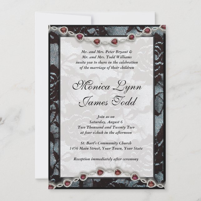 Convite de Casamento em Renda Preta e Rubis (Frente)