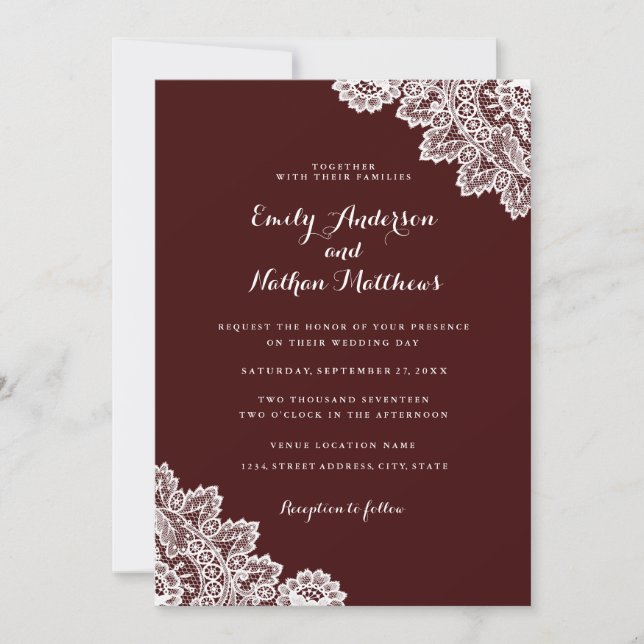 Convite de casamento em renda vermelha burgundy el (Frente)