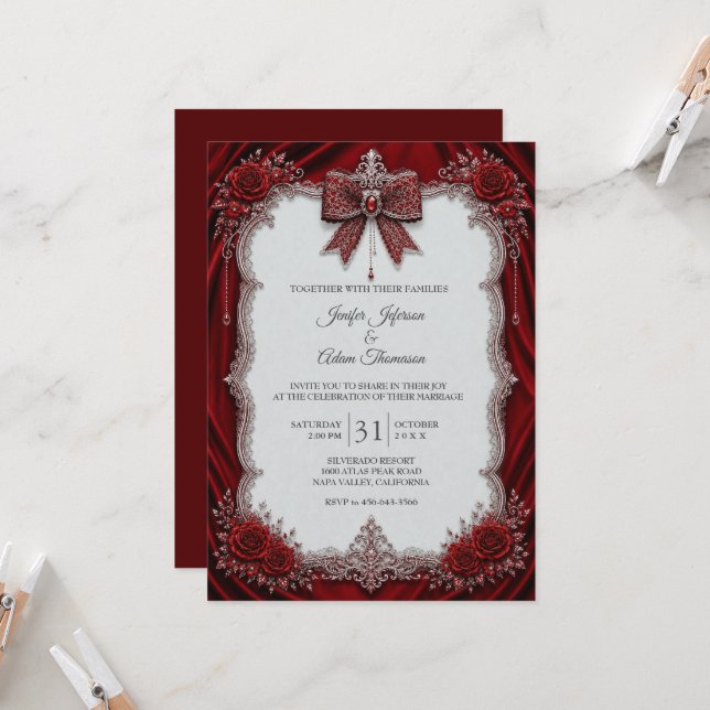 Convite de Casamento em Renda Vermelha Vintage Ele (Frente/Verso In Situ)